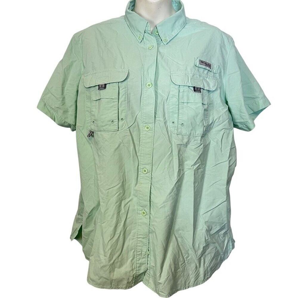 Columbia PFG Fishing Aqua Green Button Down Short Sleeve Vented Shirt sz XL